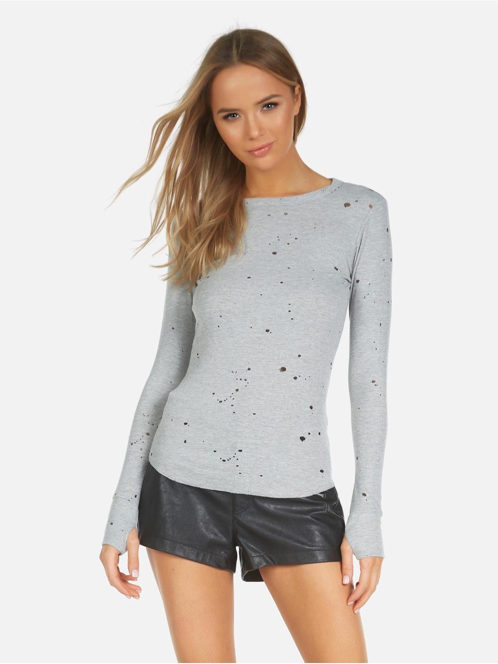 Michael Lauren Light Gray Distressed Long Sleeve Crewneck